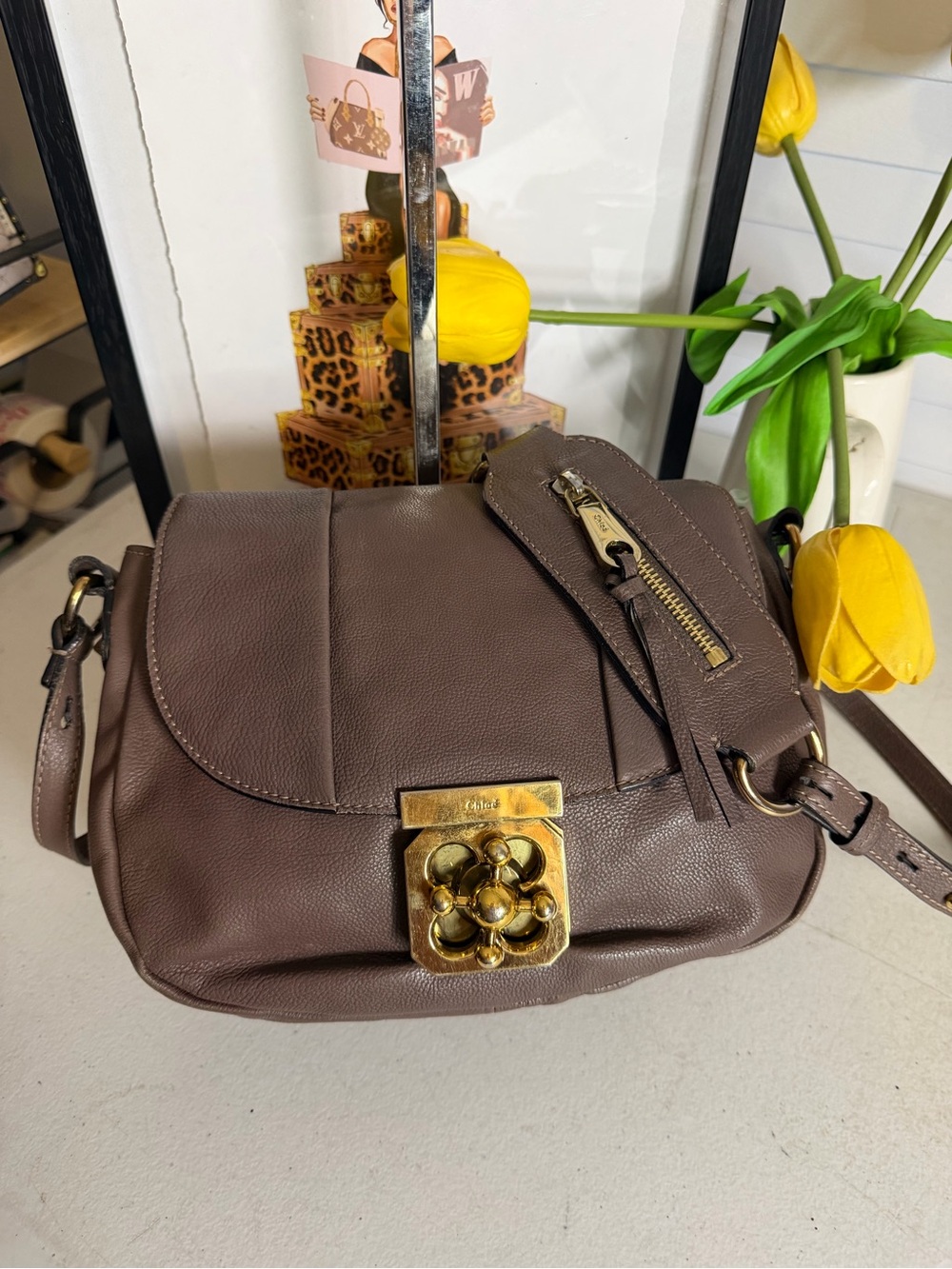Chloé Elsie Small Leather Shoulder Bag - Taupe